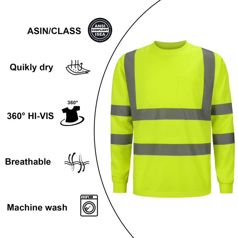 DPSAFETY Hioh Visibility Class 3 T Shints, Hi vis Safety Shits with Refective Strips and Pocket ong Sleeve Quick Dry Mesh Construction Work Shirt for wenwomen Lime.4XL - Image 3
